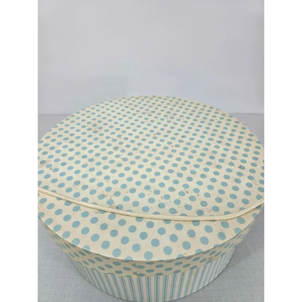 Vintage Style Round Nesting Hat Boxes Light Blue Stripes Polka Dots Set of 2